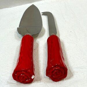 Dessert/Pie/Sandwich Server & Cheese Knife Set Stainless Steel Rose Handles
